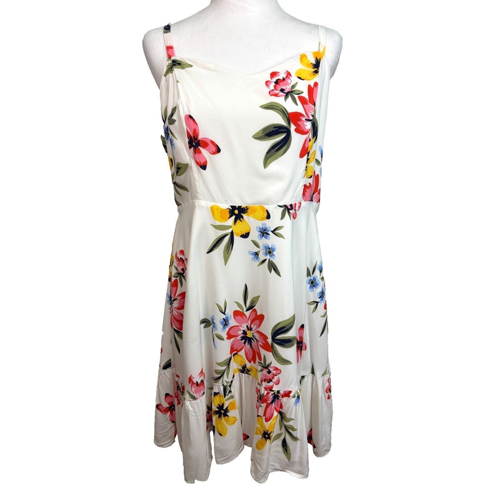 Old Navy Cami Sundress Sz L White Floral Sweetheart Neck Cottage Tropical Resort